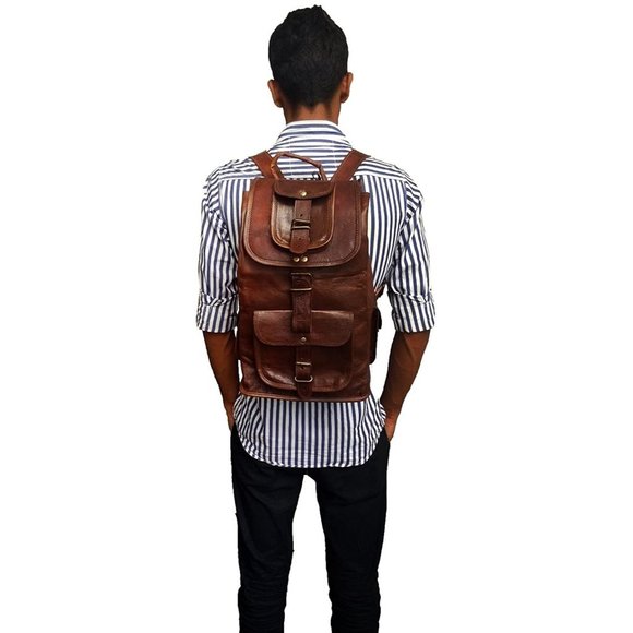 Genuine Leather Retro Rucksack Backpack College Bag School Picnic Bag Travel Bag - Picture 4 of 5